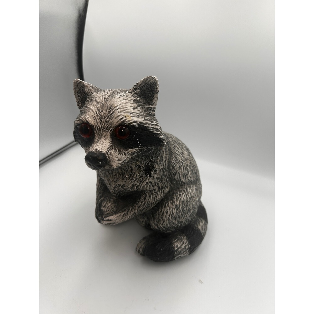 Vintage Raccoon Figurine Textured Resin Red Eyes Woodland Decor Gray Black